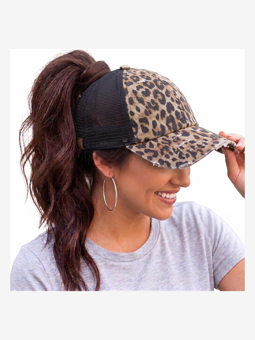 Criss Cross Ponytail Cap, Messy Bun Distressed Baseball | Baby Leopard | Size OS